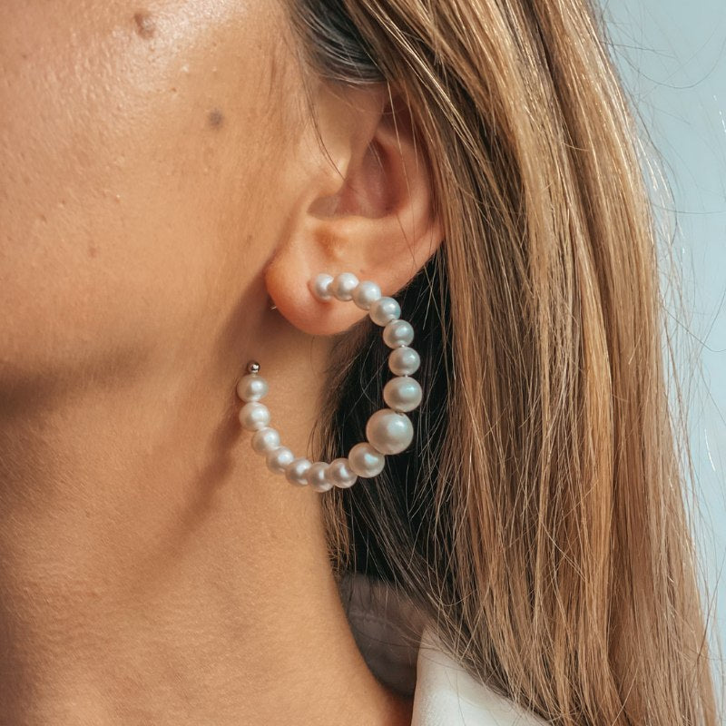 Kolczyki srebrne Pearl Hoops - Naturalne Perły - Indira