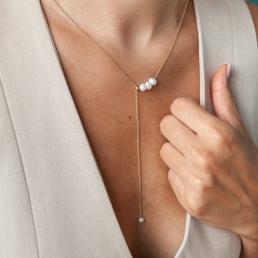 Regulowany naszyjnik złoty lariat ze srebra - Perły hodowane - Indira