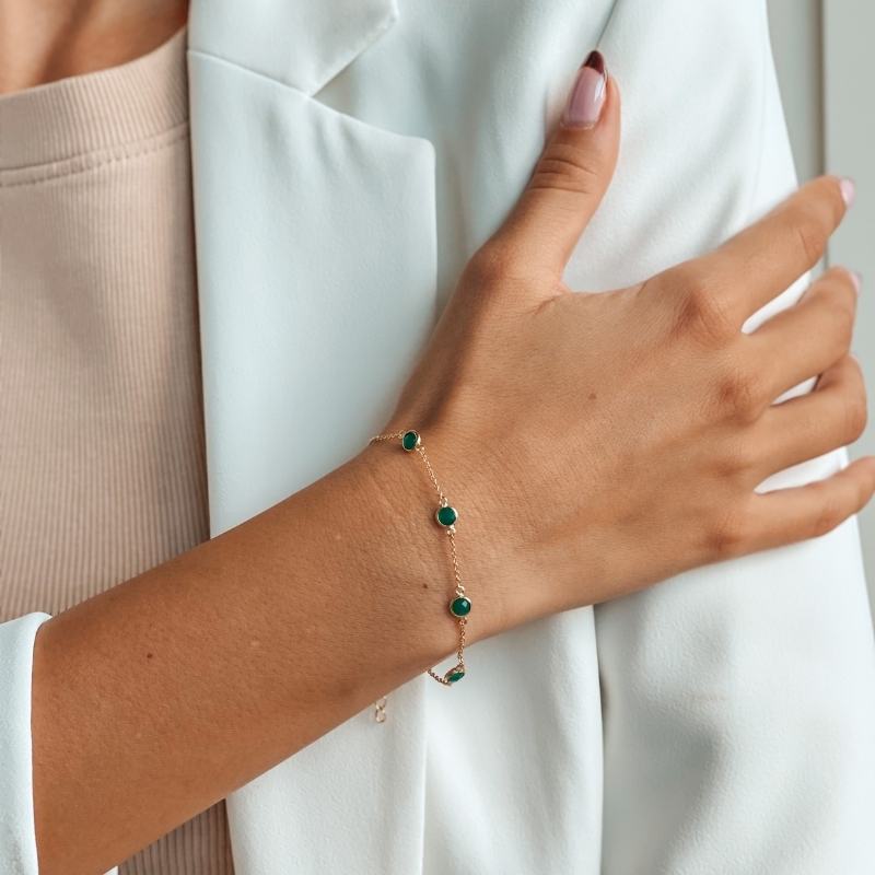 Srebrna bransoletka Birthstone Golden May - Zielony Onyks - Indira