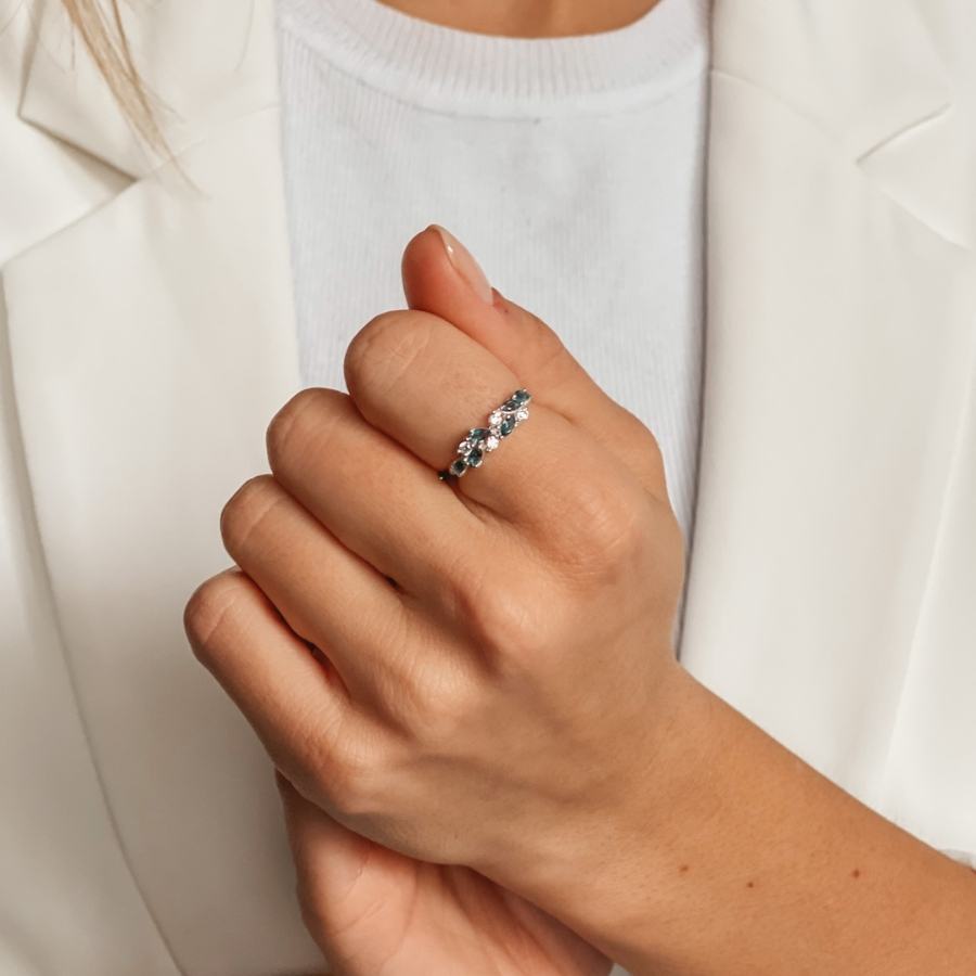 Złoty pierścionek White Verdure - Niebieski Topaz London - Indira