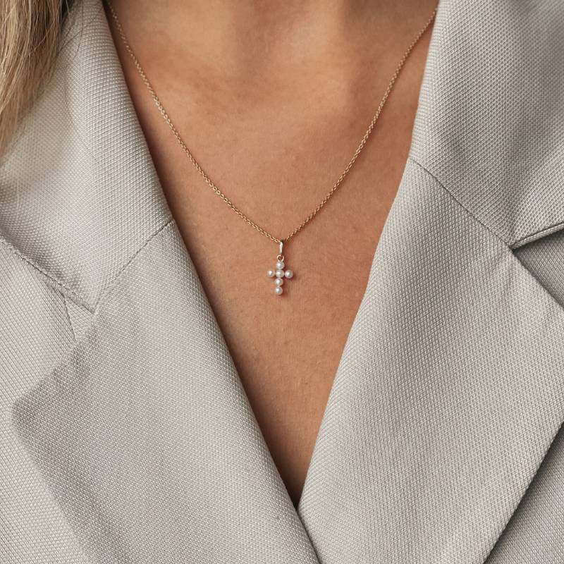 Złoty wisiorek Pearl Cross - Naturalne perły - Indira