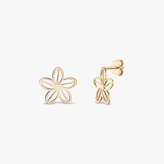 Para kolczyków Wildflower z żółtego złota 14K — ażurowe sztyfty w kształcie pięciopłatkowego kwiatu, pokazane z przodu i z boku na białym tle.