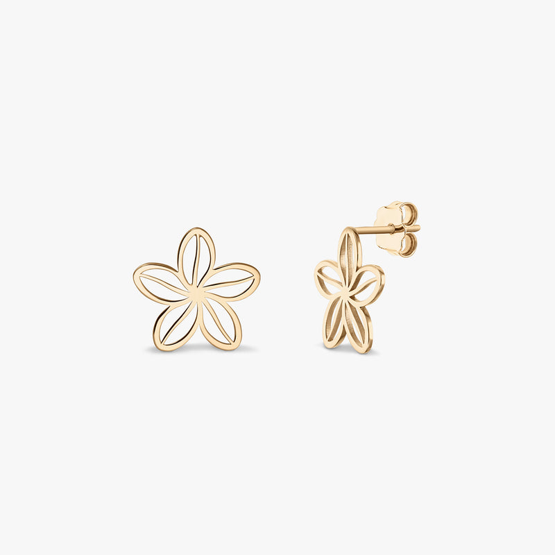 Para kolczyków Wildflower z żółtego złota 14K — ażurowe sztyfty w kształcie pięciopłatkowego kwiatu, pokazane z przodu i z boku na białym tle.