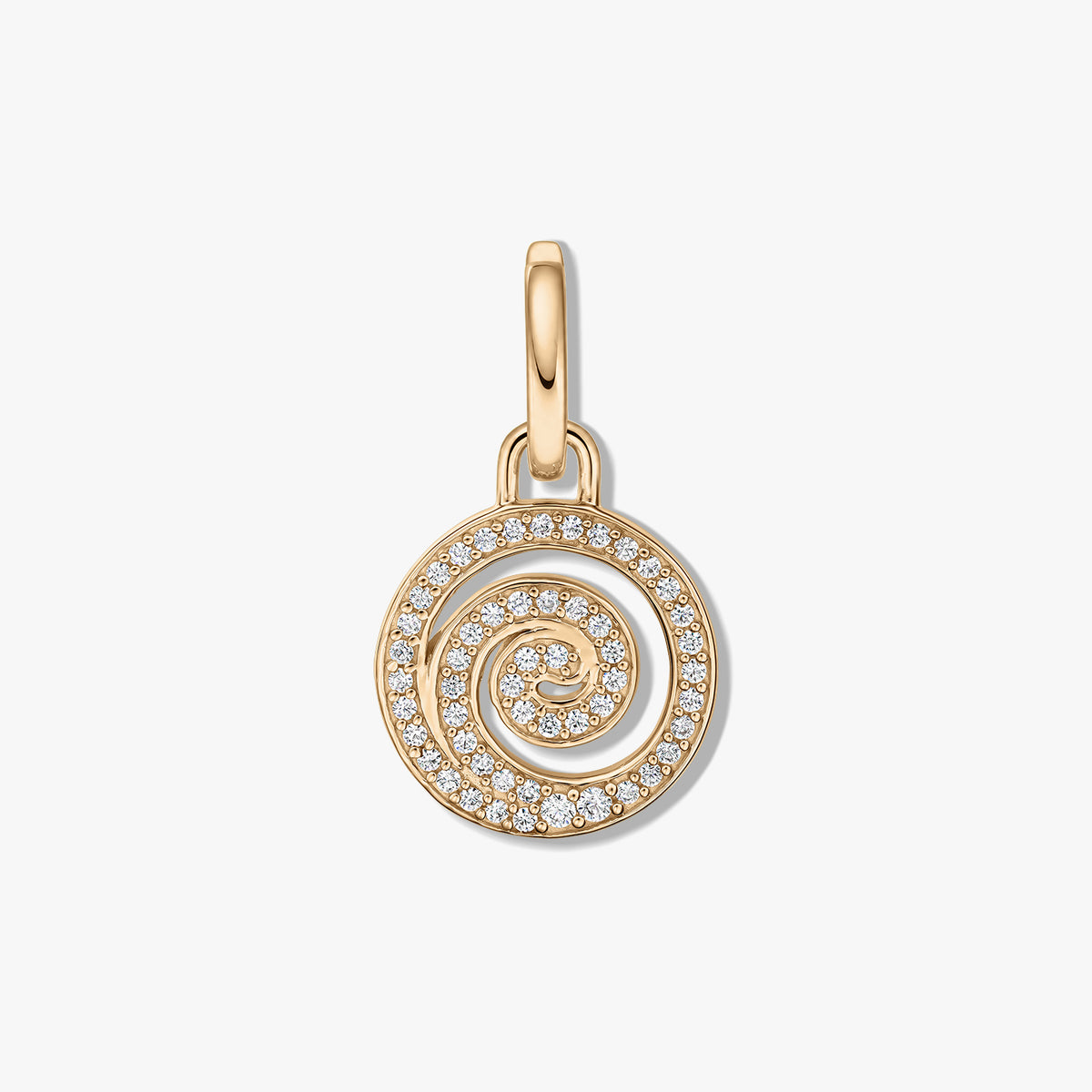 Srebrny wisiorek Golden Spiral z cyrkoniowym pavé, sfotografowany na białym tle, na środku.